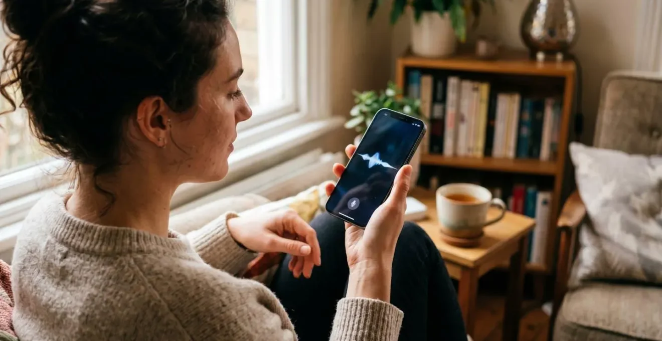 Close-up of hands holding smartphone with voice assistant interface in modern UK home setting