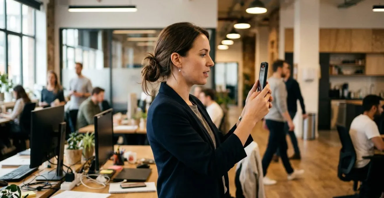 A woman in business casual attire speaking into a smartphone camera she holds at arm's length, natural expression mid-sentence, modern office background with soft focus