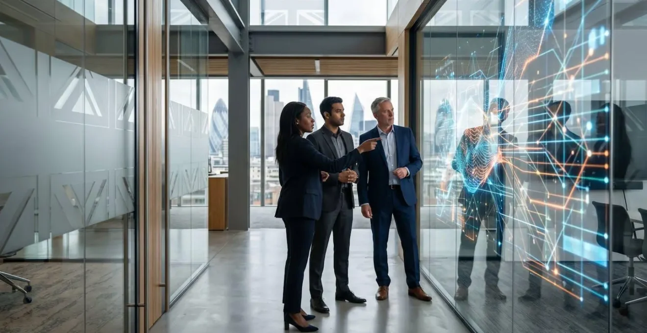 UK procurement professionals analyzing transparent data displays in modern office setting