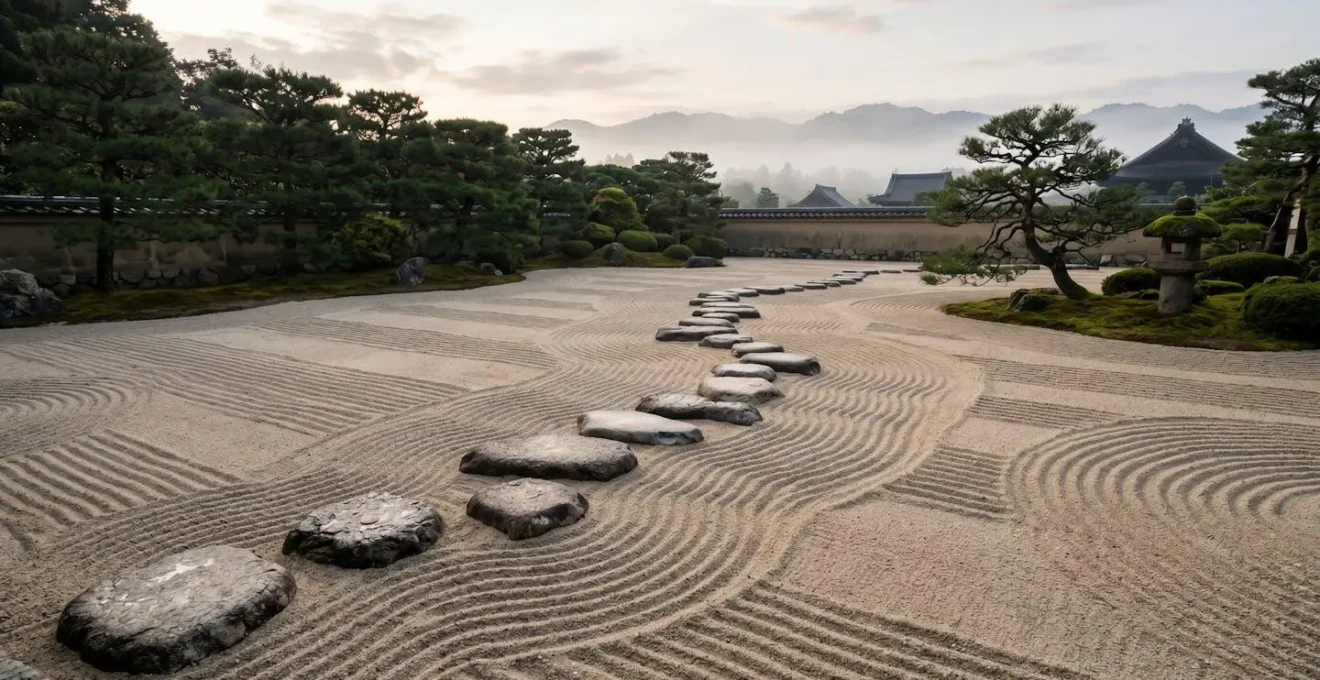 Wide angle view of minimalist pathway with clear directional markers