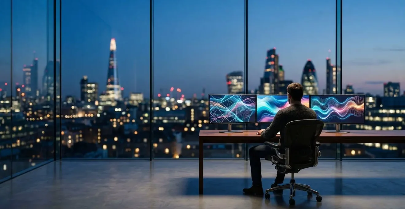 Technical SEO specialist analyzing website data on multiple monitors in modern office