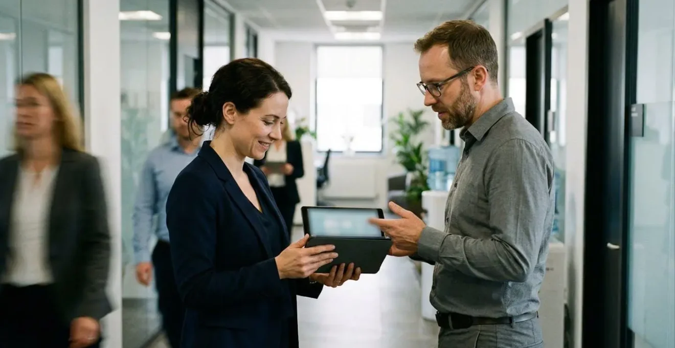 Two colleagues look at a tablet together while standing in an office corridor with natural lighting