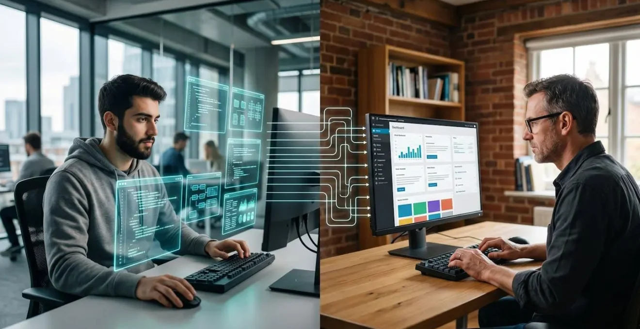Architectural comparison showing a developer using a modern headless CMS on the left and another using a traditional CMS on the right.