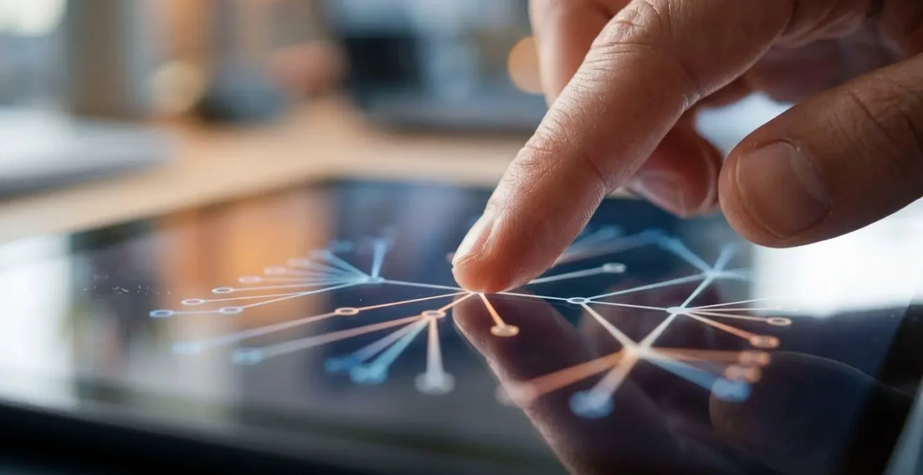 Close-up of hand navigating content structure on tablet device