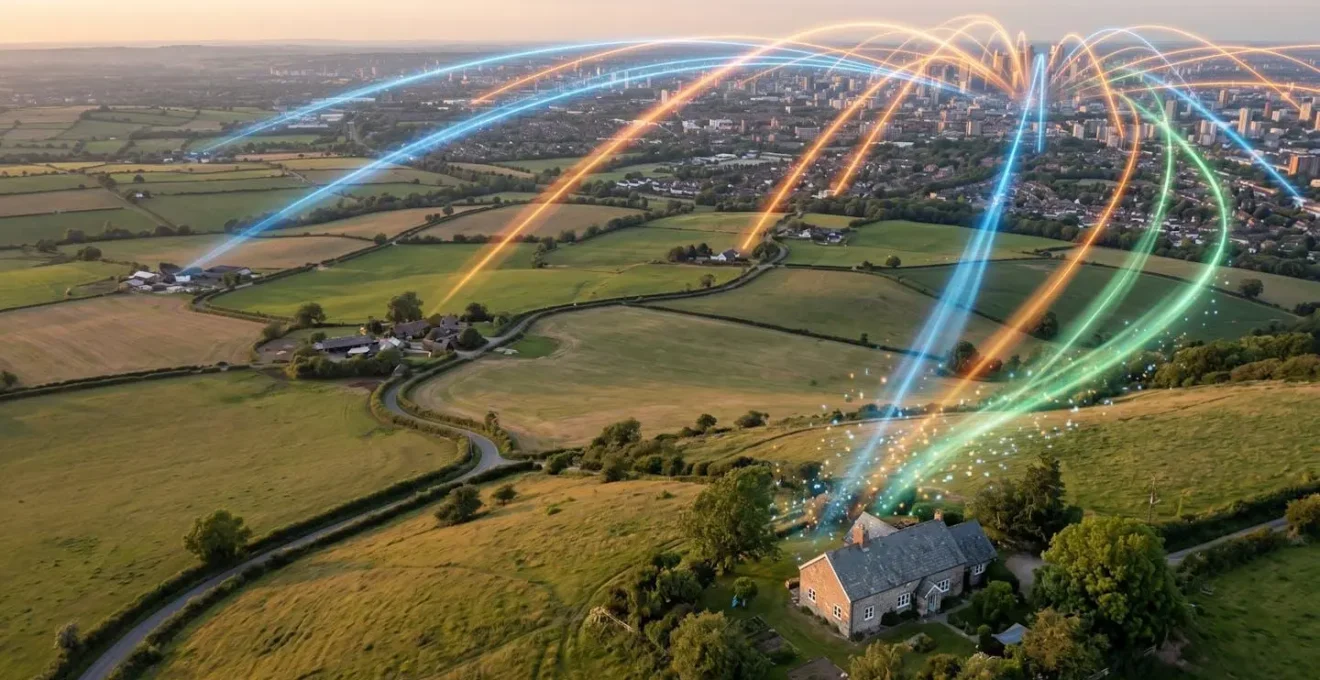 Visual comparison of CDN coverage across UK urban and rural areas, showing light beams representing data flow from cities to countryside.