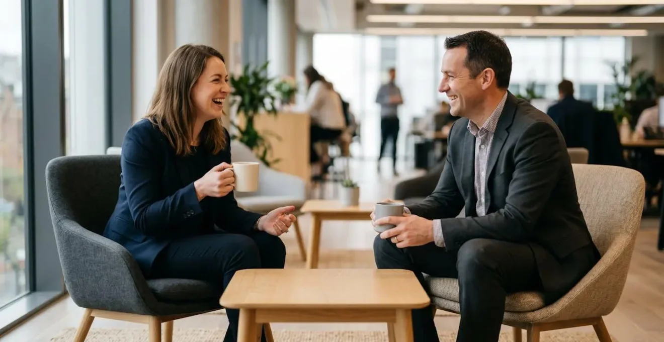 British business professionals having informal tea meeting in modern office setting