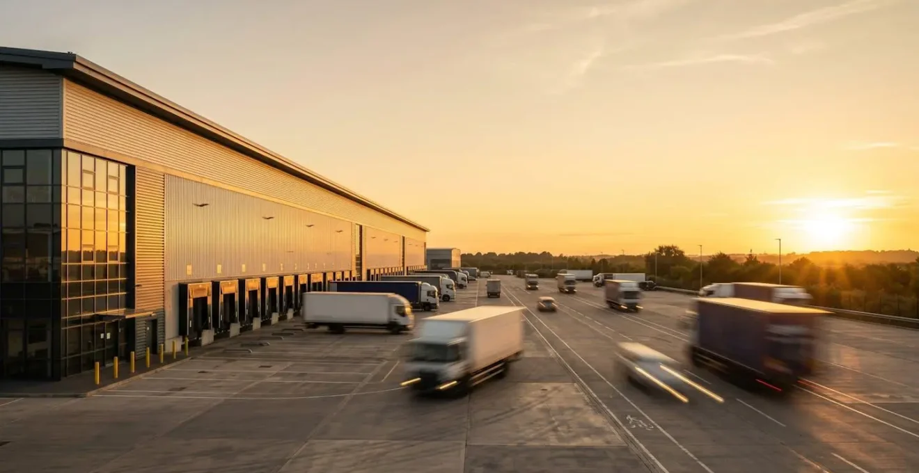 Modern distribution warehouse with delivery vehicles in motion blur