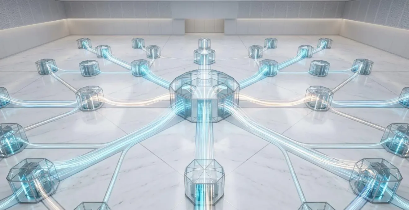 Aerial view of interconnected data nodes flowing between central hub and various endpoints in a clean architectural diagram