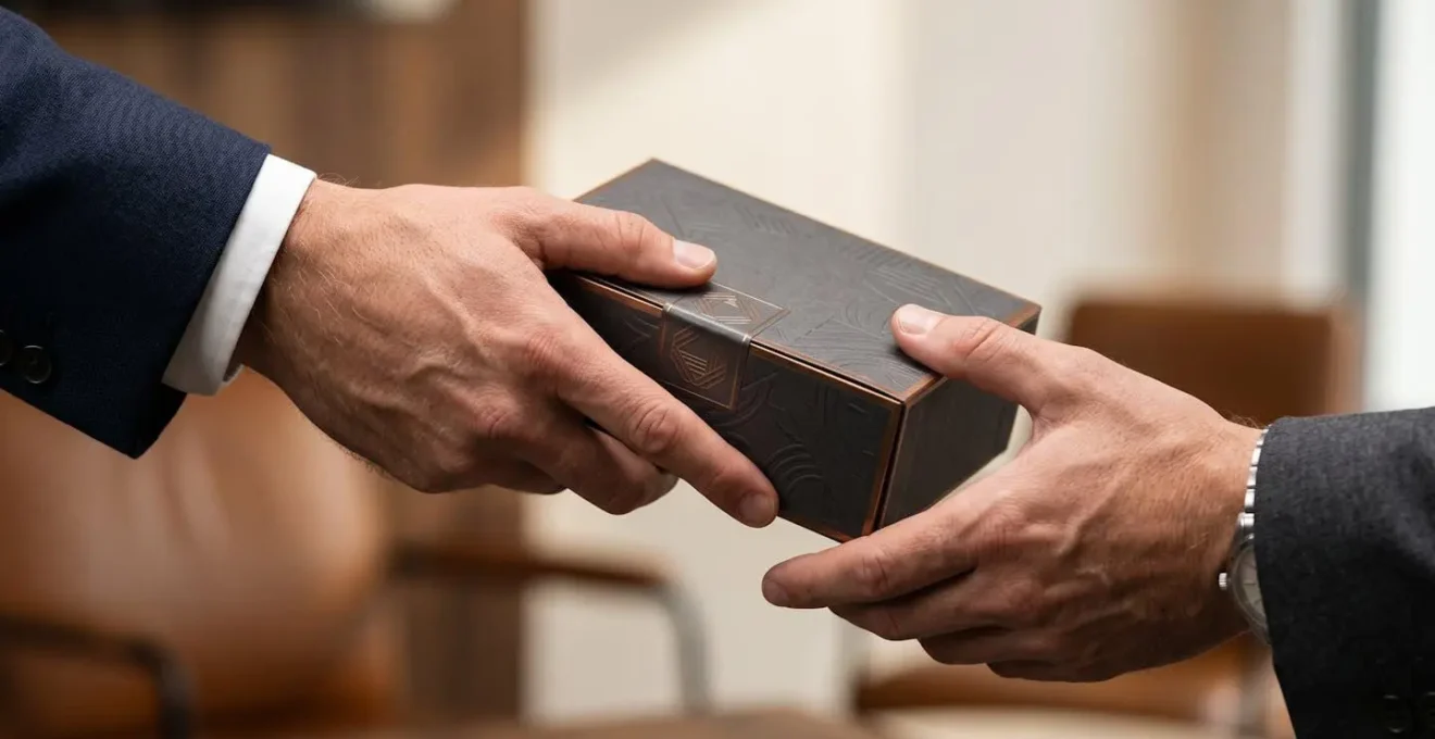 Close-up of hands exchanging premium product with quality certification badges visible
