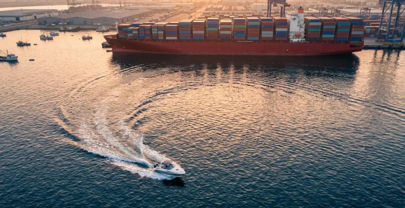 Aerial view of nimble speedboat maneuvering around massive cargo ship in harbor