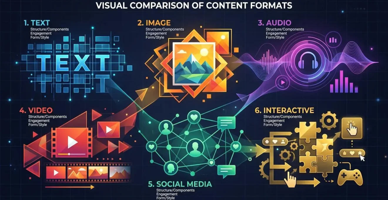 Visual comparison of different content formats through abstract geometric shapes