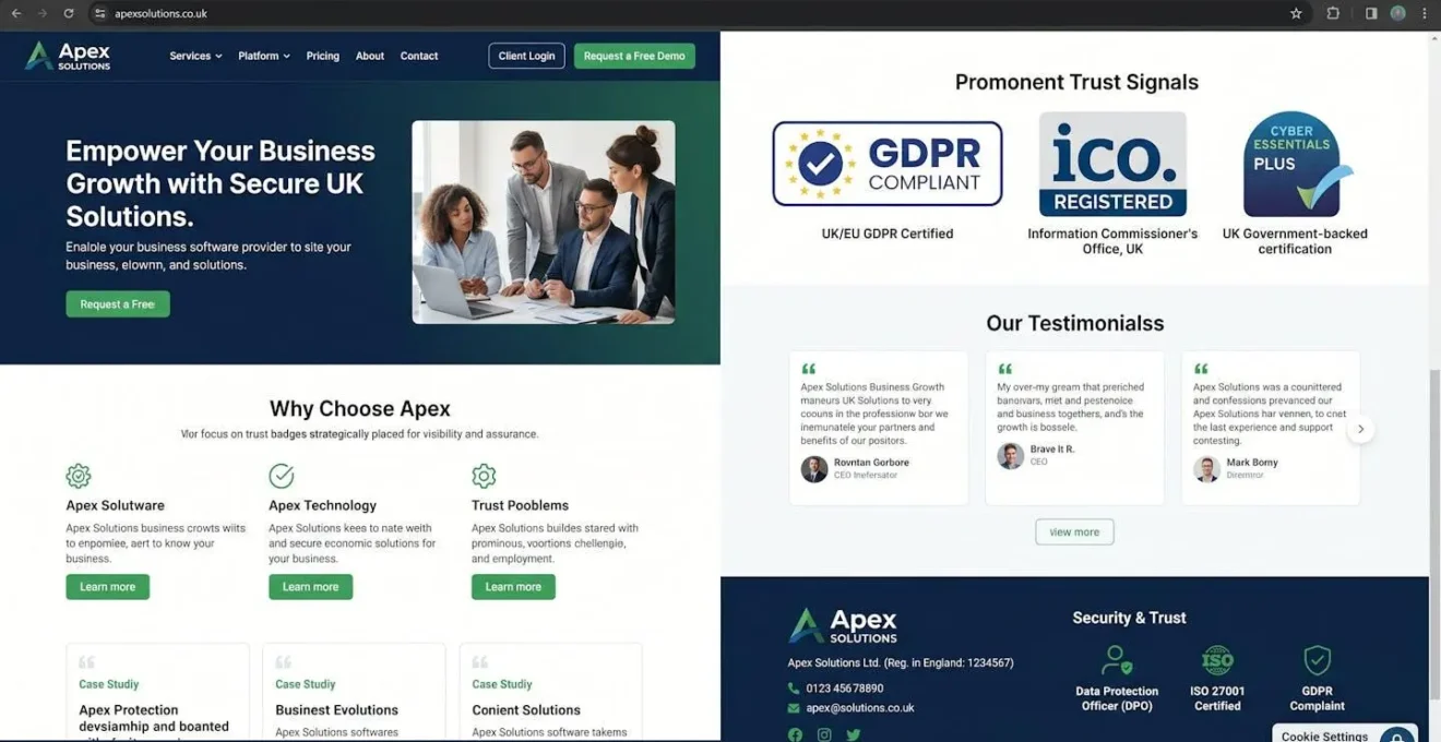 Strategic placement of GDPR compliance and trust badges on a UK business landing page interface