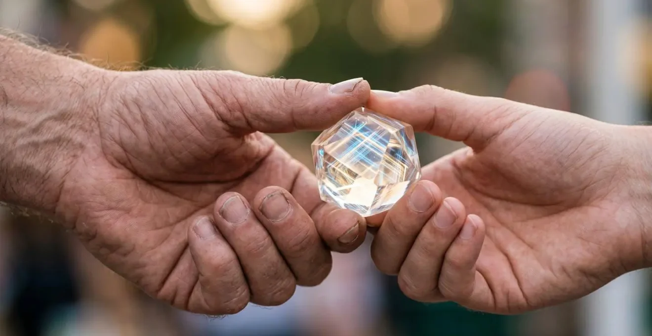 Macro photography of hands passing a glowing crystalline object representing lead transfer